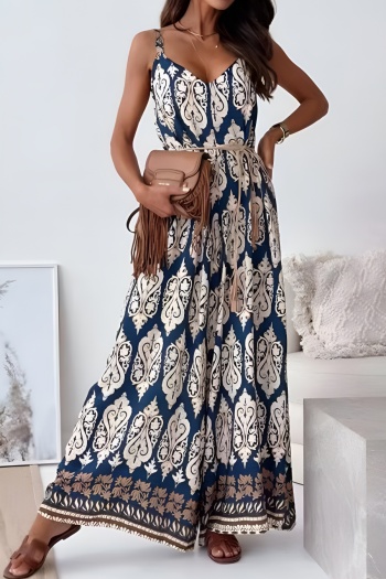 bohemian plus size non-stretch digital printing wide-leg with belt jumpsuit