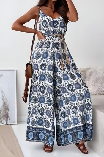 bohemian plus size non-stretch paisley printing wide-leg with belt jumpsuit
