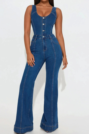 casual plus size slight stretch denim square neck jumpsuit
