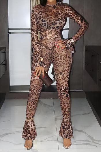sexy slight stretch see through mesh leopard print bell-sleeve skinny jumpsuit
