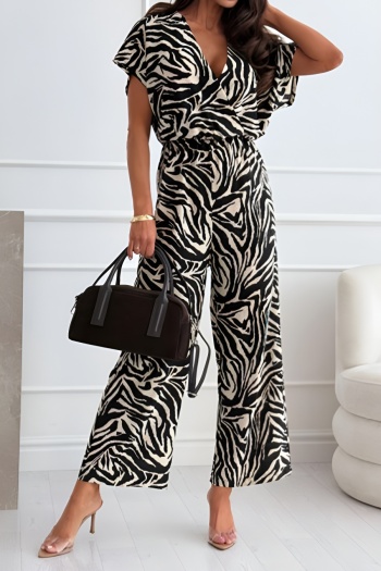 stylish plus size non-stretch stripe printing v-neck short sleeve jumpsuit