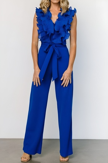 casual plus size slight stretch slim fit v-neck sleeveless jumpsuit with belt