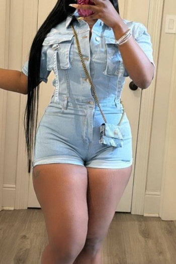casual plus size slight stretch solid color slim fit multi-pocket denim playsuit