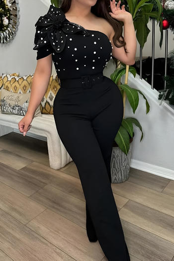 casual plus size slight stretch flower rhinestone decor jumpsuit with belt