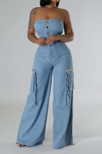 casual plus size slight stretch solid color tube top cargo denim jumpsuit