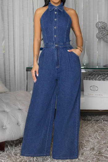 casual plus size slight stretch solid color halter neck wide leg denim jumpsuit