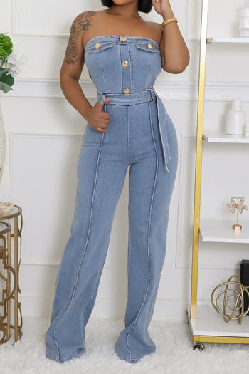 casual plus size slight stretch solid color tube top slim fit denim jumpsuit
