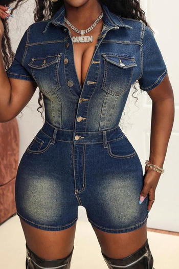 casual plus size slight stretch short sleeve slim fit denim playsuit