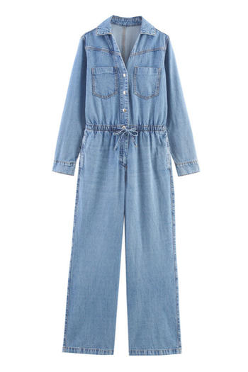 casual non-stretch denim lapel drawstring long sleeve jumpsuit