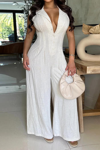 casual plus size non-stretch pure color suit collar wide-leg jumpsuit