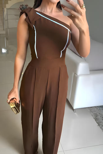 stylish slight stretch color-block one shoulder bow pocket jumpsuit