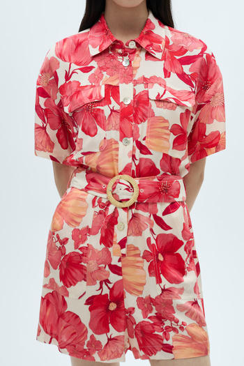 casual non-stretch flower batch printing lapel with belt playsuit