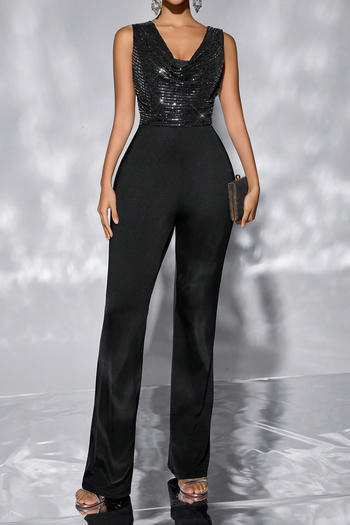 casual non-stretch sequin decor v-neck jumpsuit