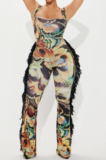 casual slight stretch slim fit batch printing tassel decor jumpsuit