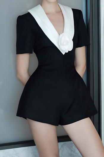 casual non-stretch contrast color v-neck flower decor playsuit