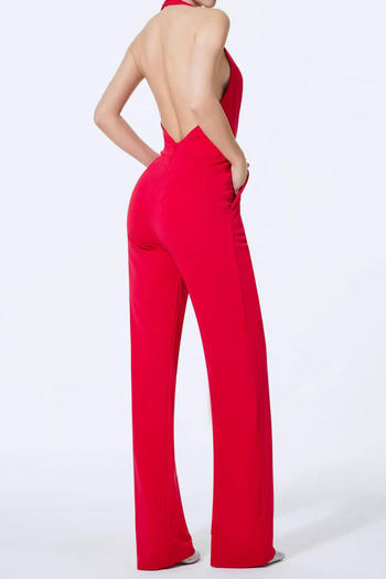 sexy slight stretch halter-neck solid color pocket jumpsuit
