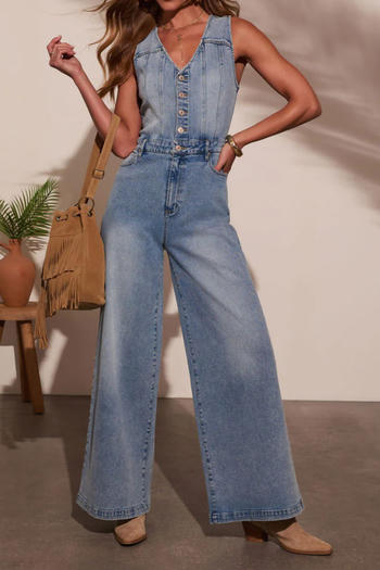 casual non-stretch sleeveless denim wide-leg jumpsuit