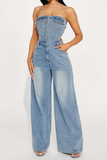 stylish plus size non-stretch tube-top slim fit hollow wide-leg denim jumpsuit