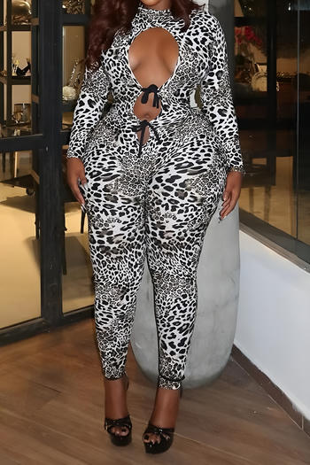 sexy slight stretch leopard print slim fit hollow jumpsuit