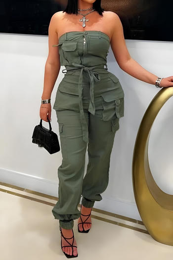 stylish plus size non-stretch tube top multiple pockets cargo jumpsuit with belt