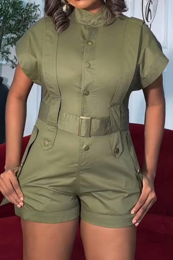 stylish plus size non-stretch solid single breasted cargo playsuit with belt
