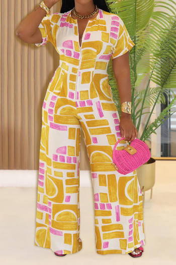 casual plus size slight stretch batch printing short sleeve wide leg jumpsuit