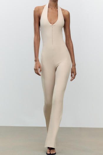 sexy slight stretch halter-neck solid color zip-up jumpsuit