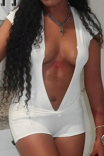 sexy slight stretch solid color deep v short sleeve skinny playsuit