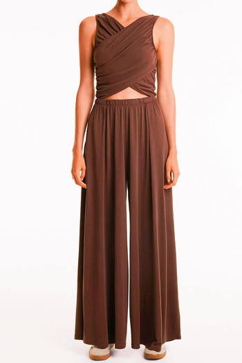 sexy slight stretch solid color hollow v-neck shirring jumpsuit