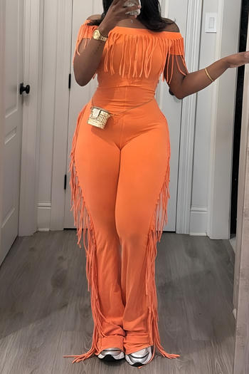 casual plus size slight stretch solid color one-shoulder tassel decor jumpsuit
