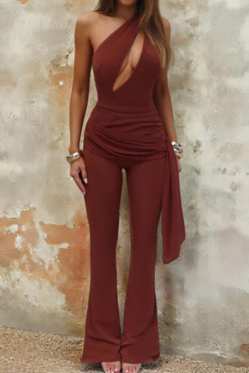 sexy slight stretch solid color one-shoulder hollow slim pleated jumpsuit