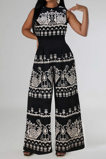 casual plus size slight stretch print sleeveless wide-leg jumpsuit