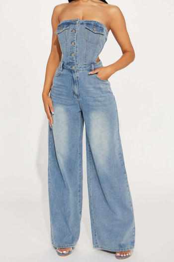 stylish plus size slight stretch denim tube design hollow waist jumpsuit