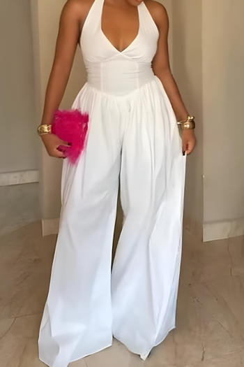 casual plus size non-stretch solid halter neck with pockets wide leg jumpsuit