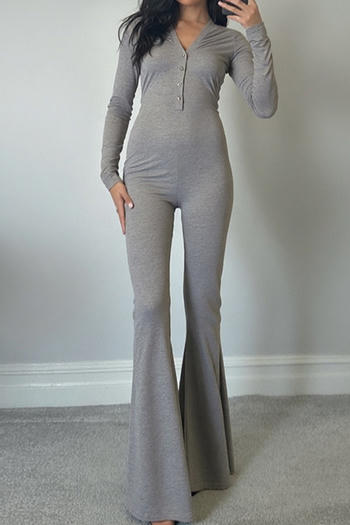casual slight stretch v-neck solid color shirring jumpsuit