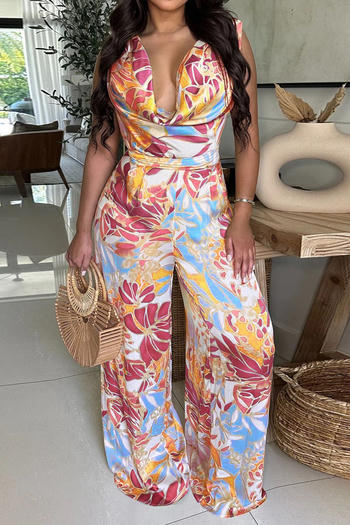 casual plus size non-stretch sleeveless batch printing wide-leg jumpsuit