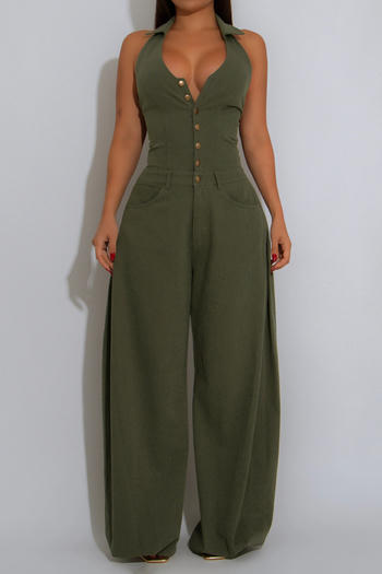 casual plus size non-stretch solid color sleeveless wide-leg jumpsuit