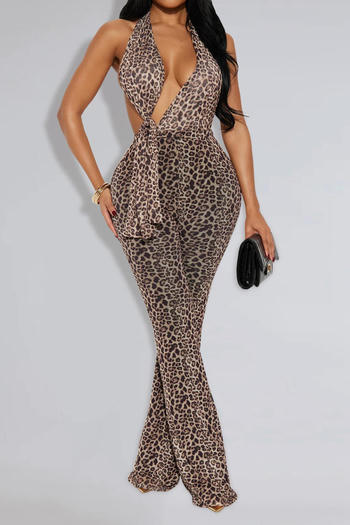sexy plus size stretch halter neck mesh leopard print slim backless jumpsuit