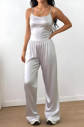 stylish slight stretch pure colour backless sling wide-leg jumpsuit