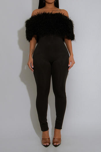 casual plus size slight stretch off-shoulder tight furry splicing jumpsuit