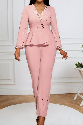 stylish plus size slight stretch pearl decor solid colour v-neck ruffle jumpsuit