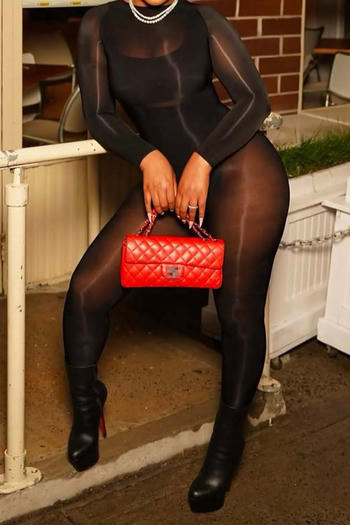sexy high stretch solid color tight see-through jumpsuit