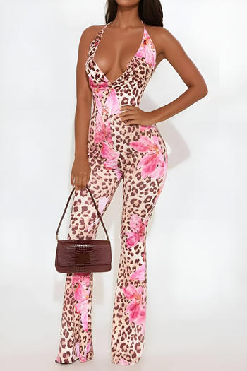 sexy slight stretch flower and leopard print swing collar halter-neck jumpsuit