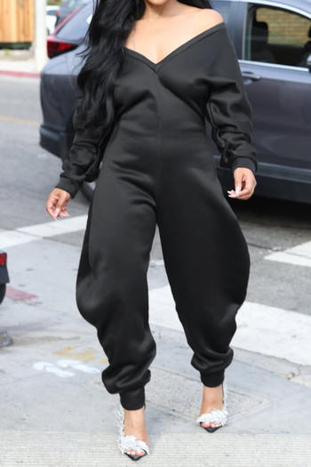 casual plus size slight stretch simple 5-colors solid color v-neck jumpsuit