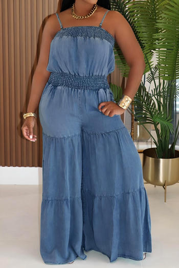 casual plus size non-stretch denim removable straps smocked wide-leg jumpsuit