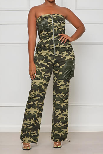 stylish plus-size non-stretch tube-top camo print drawstring jumpsuit