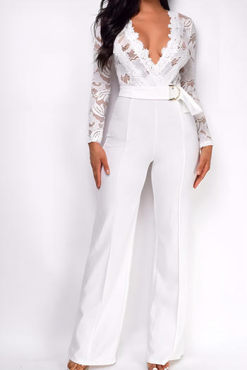 stylish plus size slight stretch see through lace stitching v-neck jumpsuit