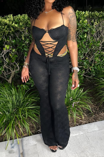 sexy slight stretch lace halter-neck hollow out lace-up jumpsuit(no underwire)