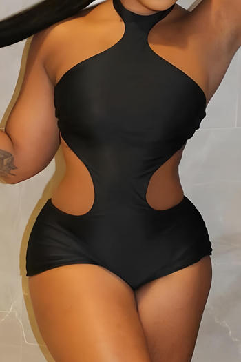 sexy slight stretch solid colour hollow out halter-neck skinny playsuit