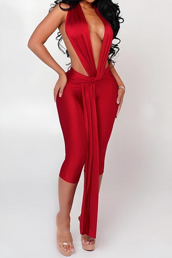sexy slight stretch 3 colors deep v halter-neck long ribbon crop jumpsuit